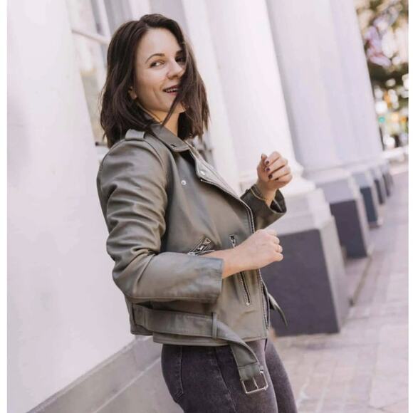 Jakett New York Leather Biker Moto Jacket Asymmetrical Zip Cargo Pocket Brown - Picture 1 of 13